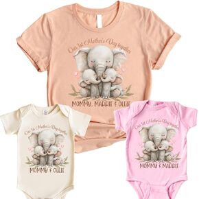 Twin Mom Our First Mothers Day Together 2025 Outfit for Mom and Baby, 1st mothers day gifts for new Twin Mama, wife, friend, daughter. Baby Boy, Baby Girl Twin Mommy and me Matching Outfits. ELEPHANT in Kuwait