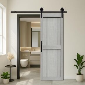 S&Z TOPHAND® 24in x 84in MDF Light Gray Barn Door with 4FT Sliding Door Hardware Kit, 24-60in Solid Barn Door Slab Covered with Water-Proof PVC Surface, Simple Assembly is Required(Big Wheel) in Saudi Arabia