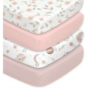 4 Pack Crib Sheets for Girls – Fitted Crib Sheets for Standard Crib Mattress and Toddler Mattress, Ultra Soft Breathable Washable Polyester, 28x52inch, Light Pink & Star in Saudi Arabia