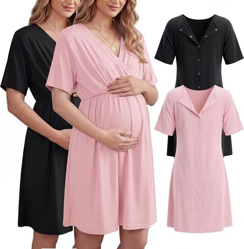 Cutecrop 2 Pack Labor and Delivery Gown for Hospital Maternity Nursing Short Sleeve Gown Button Back Birth Recovery Sleepwear in Kuwait