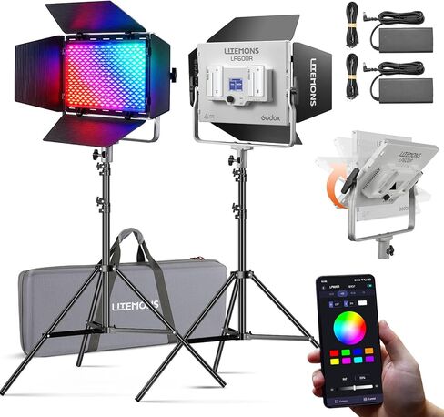 Godox Litemons LP600R 60W RGB LED Light Panel 2-Light Kit, 2-Pack with Battery Power, Light Stand, Carrying Case, 1800-10000K, 9270Lux@0.5m, APP Control for YouTube Video Recording and Live Streaming in Kuwait