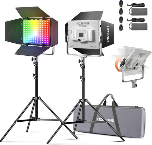 Godox Litemons LP600R 60W RGB LED Light Panel 2-Light Kit, 2-Pack with Battery Power, Light Stand, Carrying Case, 1800-10000K, 9270Lux@0.5m, APP Control for YouTube Video Recording and Live Streaming in Kuwait