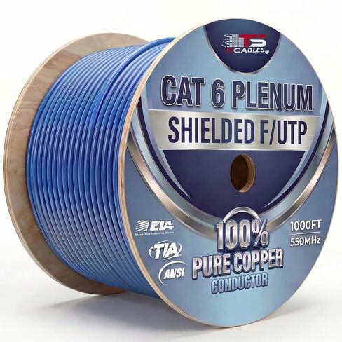 Cat6 Plenum Shielded (CMP) Overall Foil Shield (F/UTP), 1000ft, 23AWG | 100% Solid Bare Copper | 550MHz | Bulk Ethernet Cable, Available in Blue, White & Black Color (Black) in Saudi Arabia
