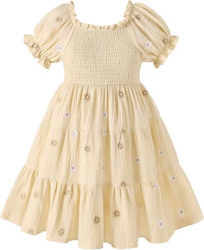 JEELLIGULAR Girls Dresses Embroidered Floral Cotton Elastic Ruched Bust Puff Sleeves Dress Toddler Little Girl Kids Size 4-10 in Saudi Arabia