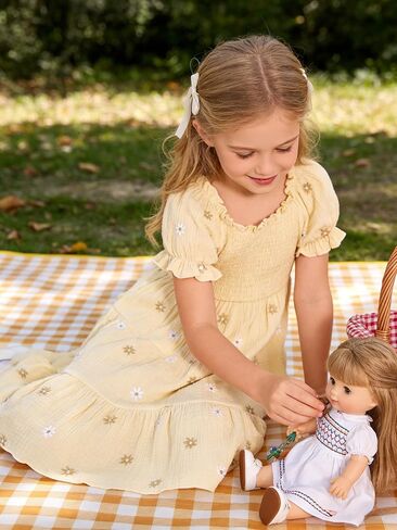 JEELLIGULAR Girls Dresses Embroidered Floral Cotton Elastic Ruched Bust Puff Sleeves Dress Toddler Little Girl Kids Size 4-10 in Saudi Arabia