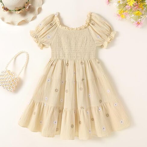 JEELLIGULAR Girls Dresses Embroidered Floral Cotton Elastic Ruched Bust Puff Sleeves Dress Toddler Little Girl Kids Size 4-10 in Saudi Arabia