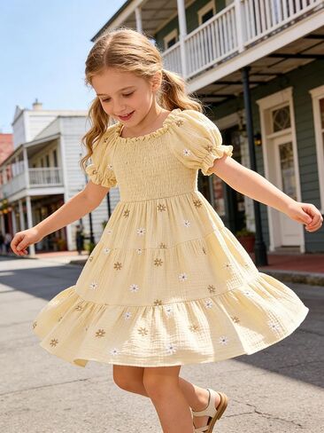 JEELLIGULAR Girls Dresses Embroidered Floral Cotton Elastic Ruched Bust Puff Sleeves Dress Toddler Little Girl Kids Size 4-10 in Saudi Arabia
