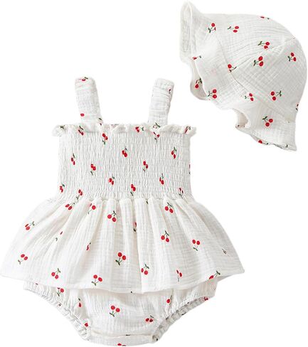 Baby Girl Clothes Romper Dress Cotton Linen Sleeveless Smocked Rompers Sun Dress with Hat Boho Summer Outfits in Kuwait