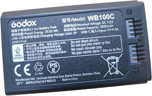 Godox WB100 C WB100C Lithium Battery Pack (7.2V 2850mAh) – Built-in USB-C Charging Port, Replacemnet Battery for Godox AD100Pro AD100ProII, V1, V1Pro,V100, V850III, and MF-R76 Flashes in Kuwait