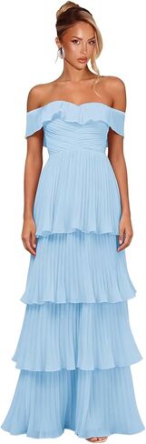 Women's Tiered Ruffle Chiffon Bridesmaid Dresses Off the Shoulder Layered Ruched Long Prom Dress in Saudi Arabia