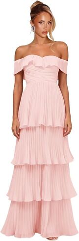Women's Tiered Ruffle Chiffon Bridesmaid Dresses Off the Shoulder Layered Ruched Long Prom Dress in Saudi Arabia