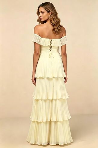 Women's Tiered Ruffle Chiffon Bridesmaid Dresses Off the Shoulder Layered Ruched Long Prom Dress in Saudi Arabia