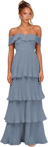 Women's Tiered Ruffle Chiffon Bridesmaid Dresses Off the Shoulder Layered Ruched Long Prom Dress in Saudi Arabia