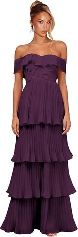 Women's Tiered Ruffle Chiffon Bridesmaid Dresses Off the Shoulder Layered Ruched Long Prom Dress in Saudi Arabia
