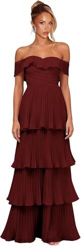 Women's Tiered Ruffle Chiffon Bridesmaid Dresses Off the Shoulder Layered Ruched Long Prom Dress in Saudi Arabia
