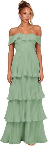 Women's Tiered Ruffle Chiffon Bridesmaid Dresses Off the Shoulder Layered Ruched Long Prom Dress in Saudi Arabia
