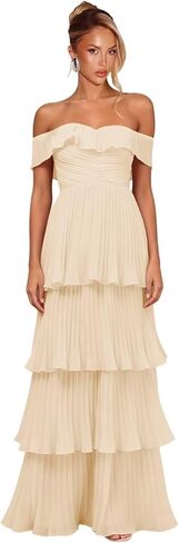 Women's Tiered Ruffle Chiffon Bridesmaid Dresses Off the Shoulder Layered Ruched Long Prom Dress in Saudi Arabia