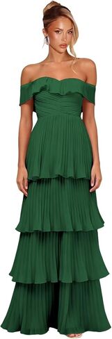 Women's Tiered Ruffle Chiffon Bridesmaid Dresses Off the Shoulder Layered Ruched Long Prom Dress in Saudi Arabia