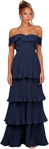 Women's Tiered Ruffle Chiffon Bridesmaid Dresses Off the Shoulder Layered Ruched Long Prom Dress in Saudi Arabia