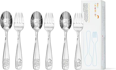 KINGSTONE 6 Pieces Toddler Utensils Set, 18/10 Stainless Steel Kids Silverware, 3 Forks & 3 Spoons, Food-Grade, Construction, Digger & Dump Truck Dishes, Dishwasher Safe for Self-Feeding in Kuwait
