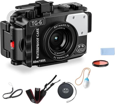 غلاف كاميرا تحت الماء بطول 60 مترًا/195 قدمًا من Searogs لهاتف Olympus TG-6 - حافظة مقاومة للماء بخيط 52 مم و67 مم، منافذ ألياف بصرية مزدوجة، كشف التسرب، لوحة تثبيت من الفولاذ المقاوم للصدأ (TG-6-أسود) in Kuwait
