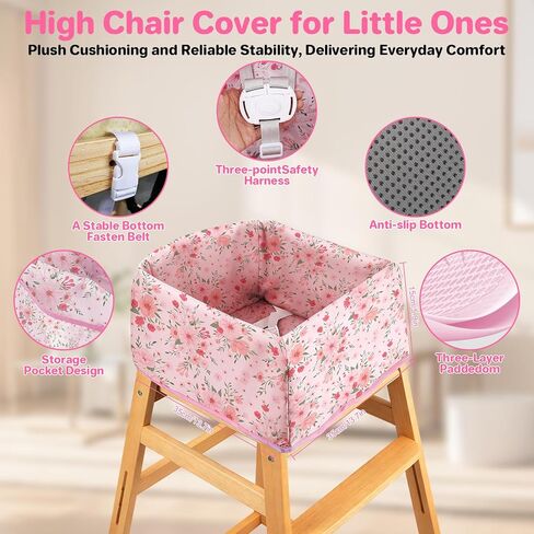 BEBOAN High Chair Cover for Restaurant, Portable Highchair Seat Covers with 3-Point Adjustable Safety Harness and Bag, for Eating/Travel/Home Use, Machine Washable, Fit Wooden Chairs (Pink Flower) in Saudi Arabia