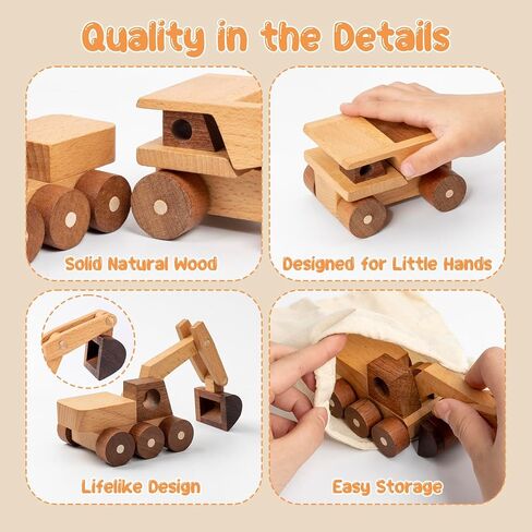 Wooden Toy Cars for 3 Year Old Boys & Girls - Construction Vehicles Set Push Toys for Toddlers, Wood Montessori Car with Rolling Wheels, Natural Wood Toys (Excavator & Dump Truck) in Saudi Arabia