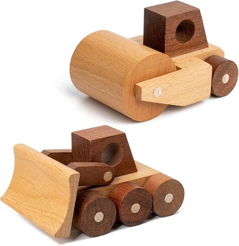 Wooden Toy Cars for 3 Year Old Boys & Girls - Construction Vehicles Set Push Toys for Toddlers, Wood Montessori Car with Rolling Wheels, Natural Wood Toys (Excavator & Dump Truck) in Saudi Arabia