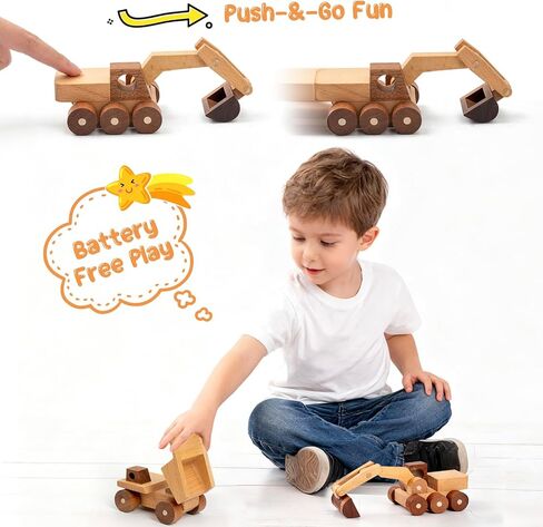 Wooden Toy Cars for 3 Year Old Boys & Girls - Construction Vehicles Set Push Toys for Toddlers, Wood Montessori Car with Rolling Wheels, Natural Wood Toys (Excavator & Dump Truck) in Saudi Arabia
