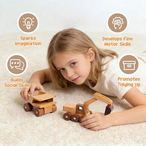 Wooden Toy Cars for 3 Year Old Boys & Girls - Construction Vehicles Set Push Toys for Toddlers, Wood Montessori Car with Rolling Wheels, Natural Wood Toys (Excavator & Dump Truck) in Saudi Arabia