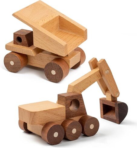 Wooden Toy Cars for 3 Year Old Boys & Girls - Construction Vehicles Set Push Toys for Toddlers, Wood Montessori Car with Rolling Wheels, Natural Wood Toys (Excavator & Dump Truck) in Saudi Arabia