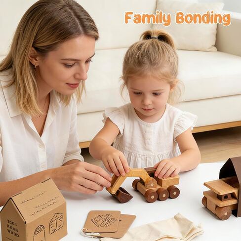 Wooden Toy Cars for 3 Year Old Boys & Girls - Construction Vehicles Set Push Toys for Toddlers, Wood Montessori Car with Rolling Wheels, Natural Wood Toys (Excavator & Dump Truck) in Saudi Arabia