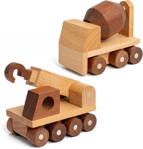 Wooden Toy Cars for 3 Year Old Boys & Girls - Construction Vehicles Set Push Toys for Toddlers, Wood Montessori Car with Rolling Wheels, Natural Wood Toys (Excavator & Dump Truck) in Saudi Arabia