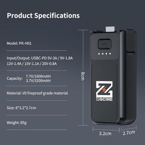 مقبض بطارية ZGCINE PK-H01 لجهاز DJI OSMO Pocket 4 I Pocket 3، 7.7 فولت/1600 مللي أمبير (شحن 1.0X)، شحن سريع 17 وات PD، مقبض بطارية بخيط 1/4 بوصة + فتحة أري in Kuwait