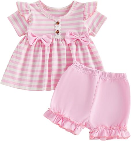 Bmnmsl Baby Girl Clothes 6 12 18 24 Months 2T 3T Toddler Summer Outfit Striped Ruffle Sleeve Shirt Tops Solid Shorts Set in Saudi Arabia