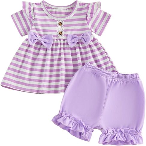 Bmnmsl Baby Girl Clothes 6 12 18 24 Months 2T 3T Toddler Summer Outfit Striped Ruffle Sleeve Shirt Tops Solid Shorts Set in Saudi Arabia