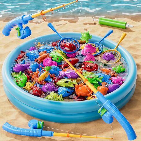 Magnetic Fishing Game Toys for Kids Toddlers 3-5 4-8, Water Table Bathtub Toys with Inflatable Pool Pole Rod Net Floating Fish, Water Bath Pool Outdoor Toys for Boys Girls Age 3 4 5 6 7 8 Year Old in Saudi Arabia