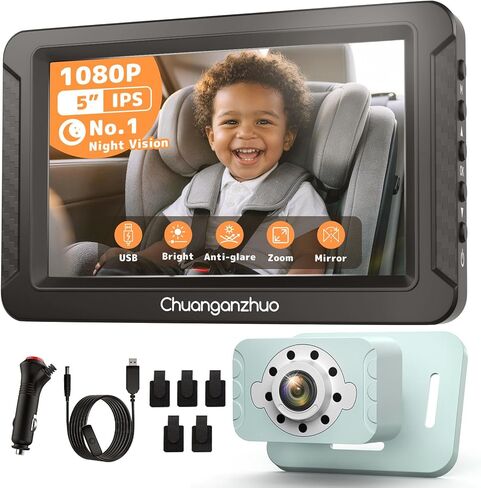 S100C Baby Car Camera USB Powered, Crystal Clear Auto IR Night Vision in Total Dark, Adjust Brightness & 1080P 5" IPS Monitor, 3X Zoom & 360° Rotating Backseat Camera for Rear or Forward-Facing in Kuwait