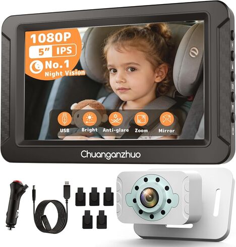 S100C Baby Car Camera USB Powered, Crystal Clear Auto IR Night Vision in Total Dark, Adjust Brightness & 1080P 5" IPS Monitor, 3X Zoom & 360° Rotating Backseat Camera for Rear or Forward-Facing in Saudi Arabia
