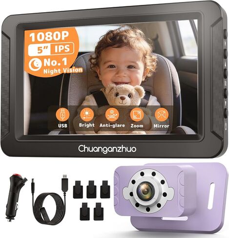 S100C Baby Car Camera USB Powered, Crystal Clear Auto IR Night Vision in Total Dark, Adjust Brightness & 1080P 5" IPS Monitor, 3X Zoom & 360° Rotating Backseat Camera for Rear or Forward-Facing in Saudi Arabia