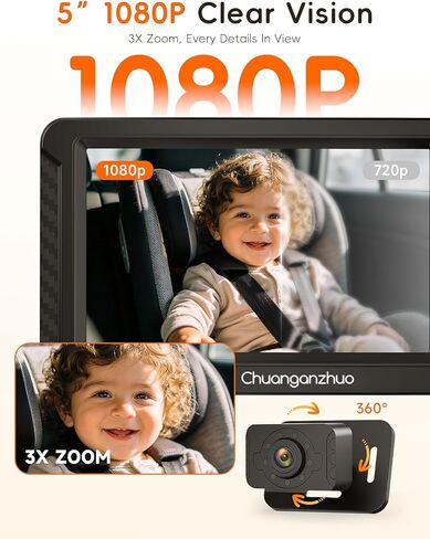 S100C Baby Car Camera USB Powered, Crystal Clear Auto IR Night Vision in Total Dark, Adjust Brightness & 1080P 5" IPS Monitor, 3X Zoom & 360° Rotating Backseat Camera for Rear or Forward-Facing in Saudi Arabia