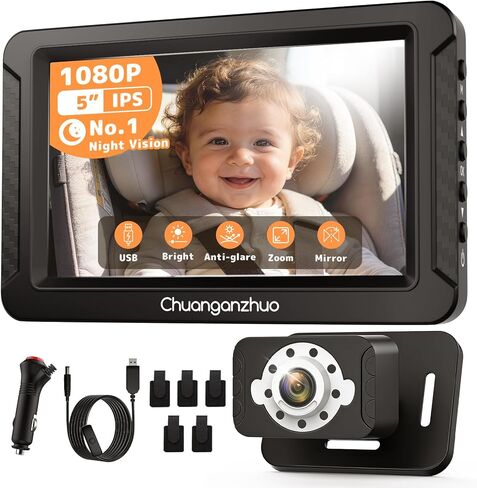S100C Baby Car Camera USB Powered, Crystal Clear Auto IR Night Vision in Total Dark, Adjust Brightness & 1080P 5" IPS Monitor, 3X Zoom & 360° Rotating Backseat Camera for Rear or Forward-Facing in Saudi Arabia