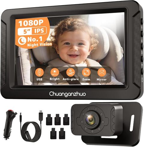 S100C Baby Car Camera USB Powered, Crystal Clear Auto IR Night Vision in Total Dark, Adjust Brightness & 1080P 5" IPS Monitor, 3X Zoom & 360° Rotating Backseat Camera for Rear or Forward-Facing in Saudi Arabia