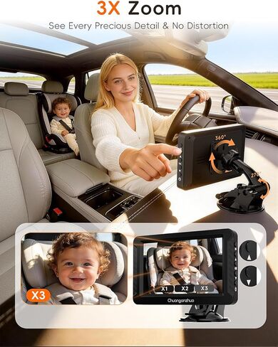 S100C Baby Car Camera USB Powered, Crystal Clear Auto IR Night Vision in Total Dark, Adjust Brightness & 1080P 5" IPS Monitor, 3X Zoom & 360° Rotating Backseat Camera for Rear or Forward-Facing in Saudi Arabia