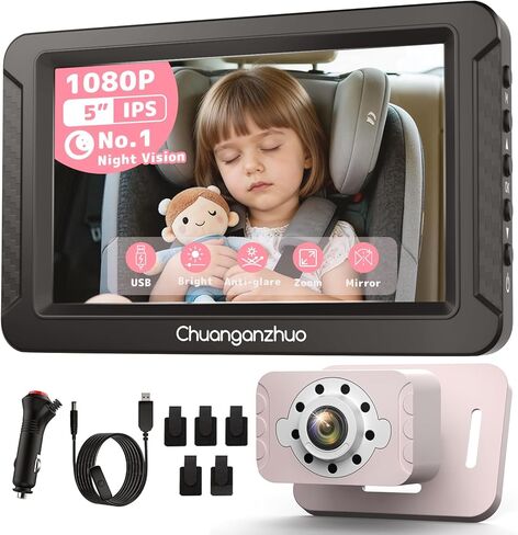 S100C Baby Car Camera USB Powered, Crystal Clear Auto IR Night Vision in Total Dark, Adjust Brightness & 1080P 5" IPS Monitor, 3X Zoom & 360° Rotating Backseat Camera for Rear or Forward-Facing in Saudi Arabia