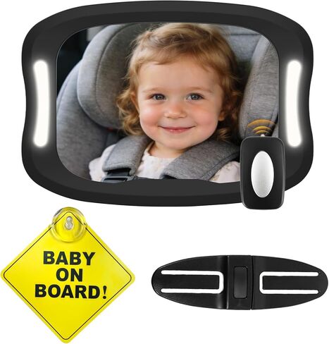 Baby Car Mirror with LED Light & Remote Control - Night Vision Rear Facing Car Seat Mirror, Adjustable Shatterproof Safety Mirrors for Backseat Infant, Universal Fit for Cars, SUVs (Black) in Kuwait