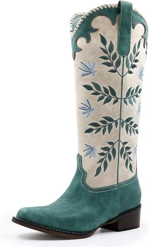 Womens Cowboy Boots Leaf Embroidered Pull on Knee High Round Toe Comfortable Chunky Heel Western Cowgirl Riding Boots in Saudi Arabia