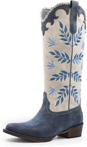 Womens Cowboy Boots Leaf Embroidered Pull on Knee High Round Toe Comfortable Chunky Heel Western Cowgirl Riding Boots in Saudi Arabia
