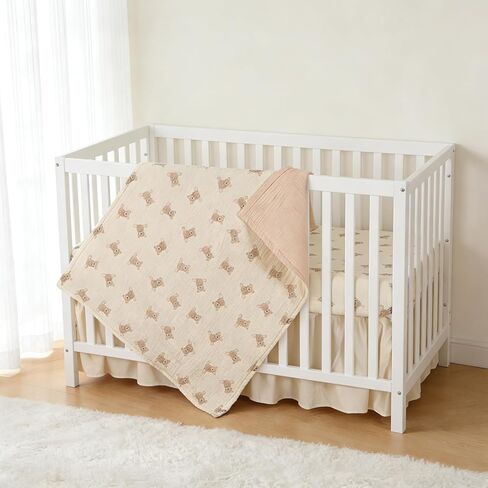Organic Cotton Muslin Baby Crib Bedding Set 3 Piece Soft for Infant Newborn Toddler Boys Girls 52"x28", Nursery Bed Quilt Set Decor with Fitted Crib Sheet, Boho Quilted Comforter Blanket, Bed Skirt | GOTS Organic Cotton, Soft, Breathable, Skin-friendly, D in Kuwait