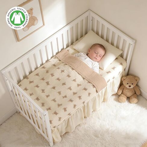 Organic Cotton Muslin Baby Crib Bedding Set 3 Piece Soft for Infant Newborn Toddler Boys Girls 52"x28", Nursery Bed Quilt Set Decor with Fitted Crib Sheet, Boho Quilted Comforter Blanket, Bed Skirt | GOTS Organic Cotton, Soft, Breathable, Skin-friendly, D in Kuwait